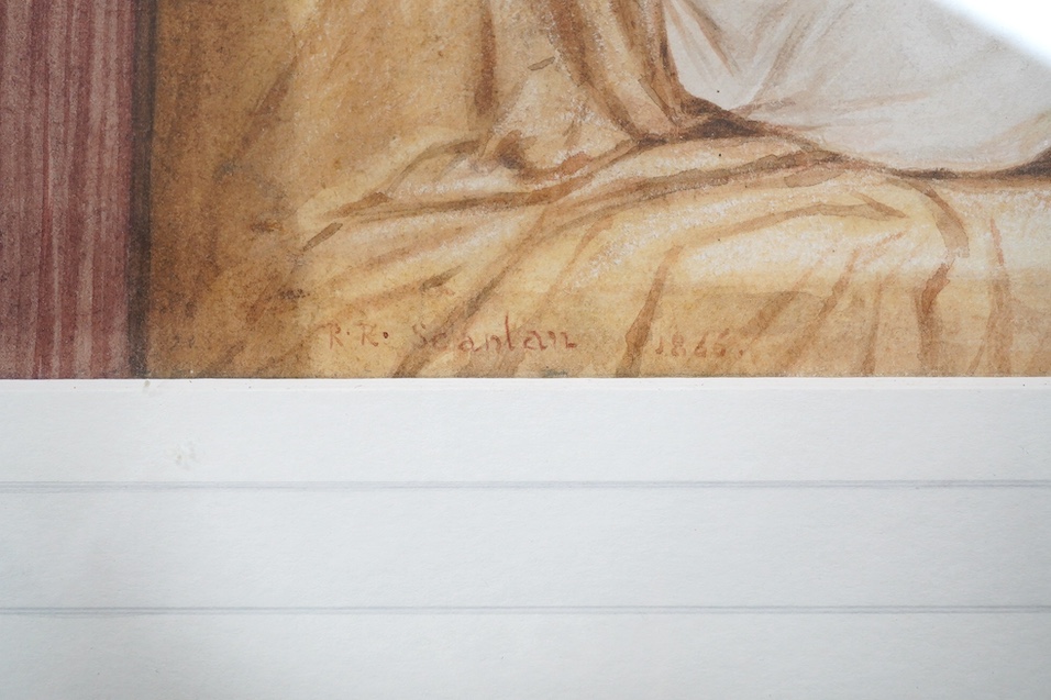 Robert Scanlan (fl. 1832-1876), watercolour, Reclining semi-nude woman, signed and dated 1866, 25 x 38cm. Condition - good